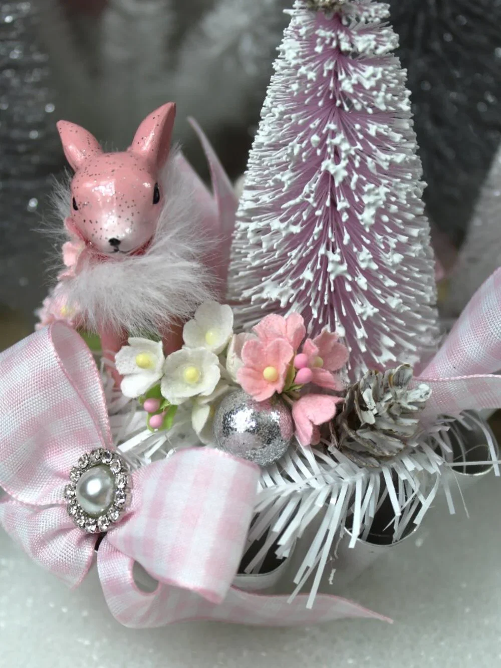 Pink Deer Christmas Assemblage: Bottle Brush Trees in Vintage Tart Tin